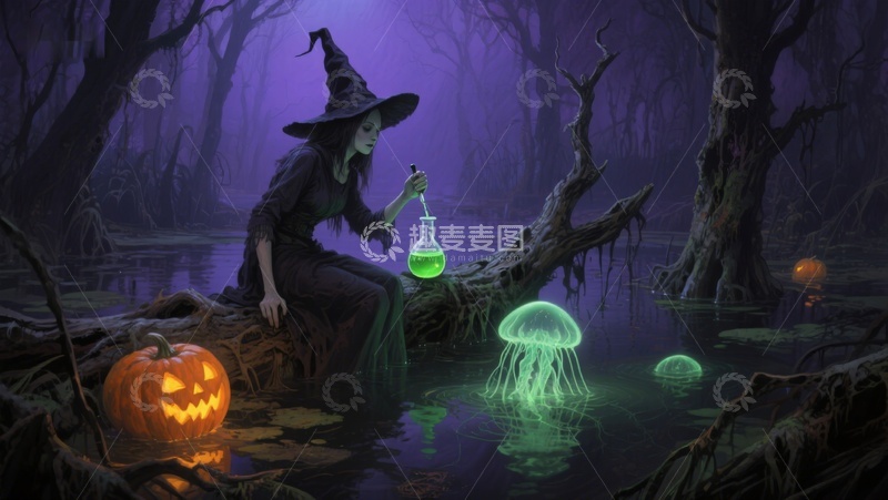 高清大图下载【趣麦麦图】神秘女巫在幽暗森林中施法