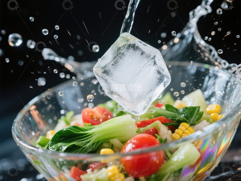 高清大图下载【趣麦麦图】冰块落入蔬菜沙拉瞬间