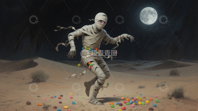 高清大图下载【趣麦麦图】月夜沙漠中的糖果木乃伊