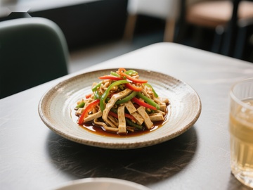 色彩鲜艳的炒豆干配青红椒