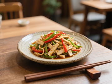 青椒豆腐干炒菜，摆盘精美