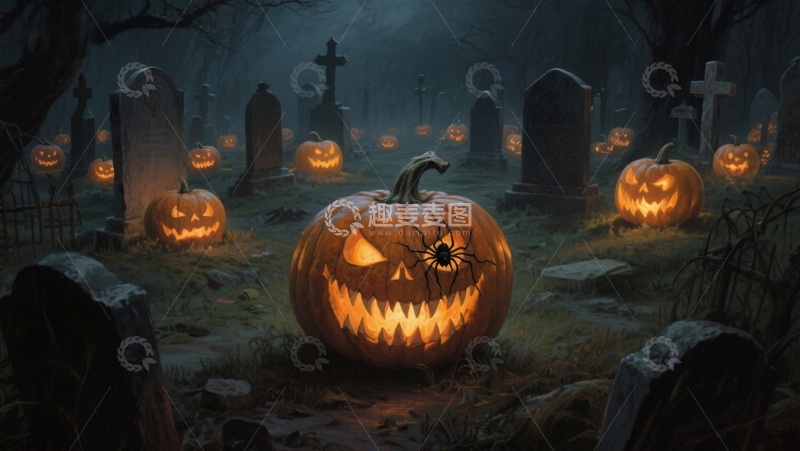 高清大图下载【趣麦麦图】万圣节南瓜灯照亮的墓地夜景