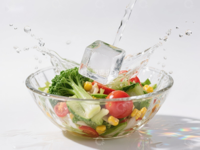 高清大图下载【趣麦麦图】冰块落入蔬菜沙拉，水花四溅