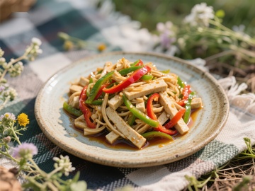 色彩斑斓的炒豆干与蔬菜