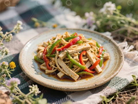 色彩斑斓的炒豆干与蔬菜