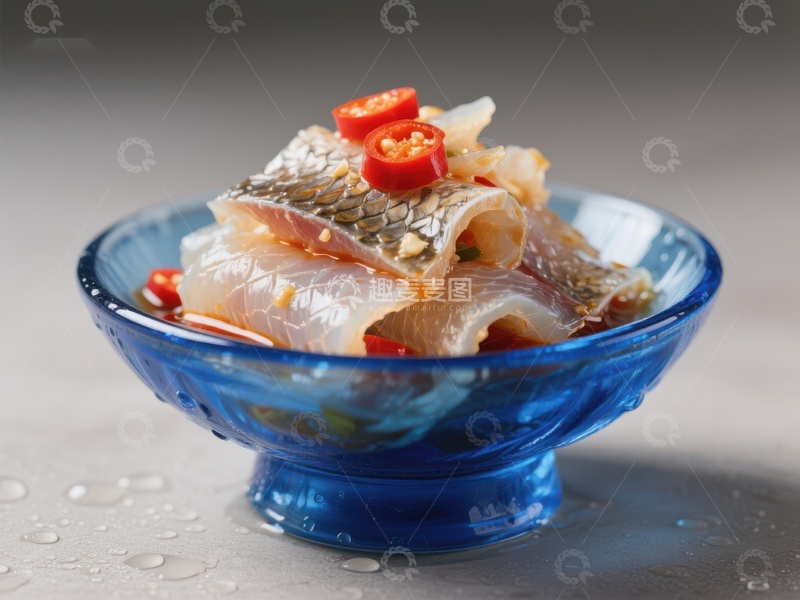 高清大图下载【趣麦麦图】酸辣鱼片盛于蓝色碗中