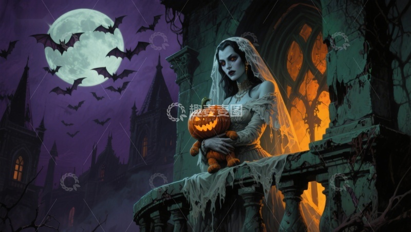 高清大图下载【趣麦麦图】月夜古堡中的神秘女子