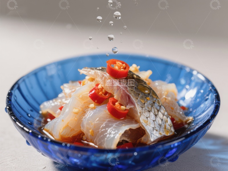 蓝碗中的酸辣鱼片