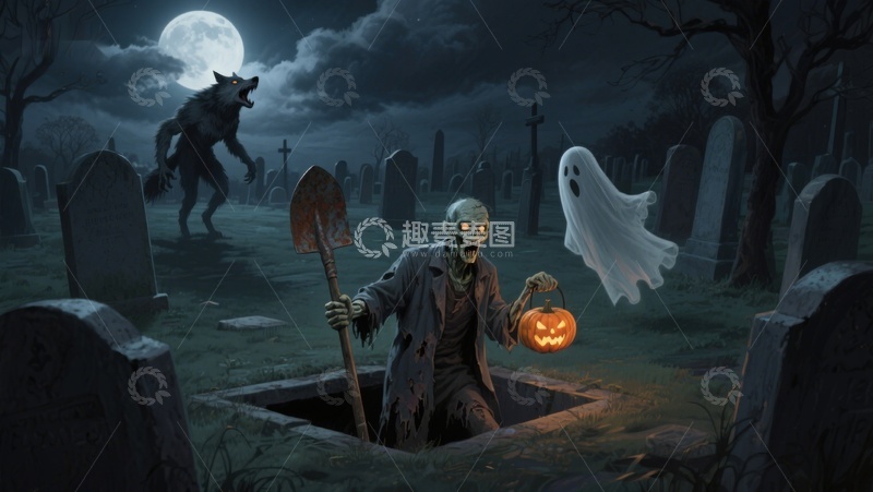 高清大图下载【趣麦麦图】墓地里的万圣节幽灵与僵尸