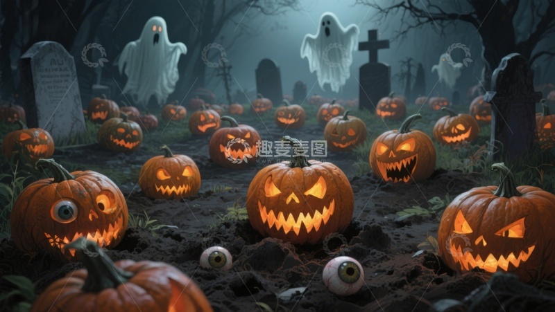 高清大图下载【趣麦麦图】万圣节南瓜灯与幽灵的墓地夜景