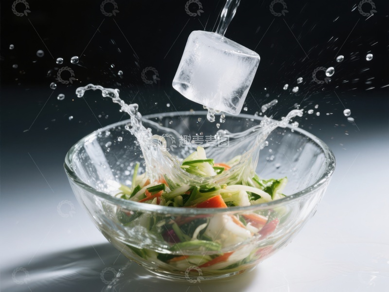高清大图下载【趣麦麦图】冰块落入蔬菜沙拉碗中溅起水花