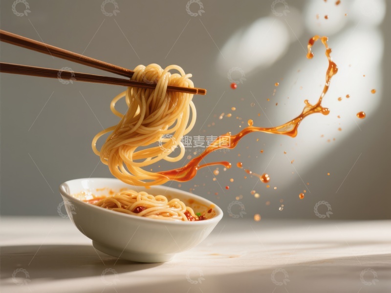 高清大图下载【趣麦麦图】筷子夹起面条，汤汁飞溅瞬间
