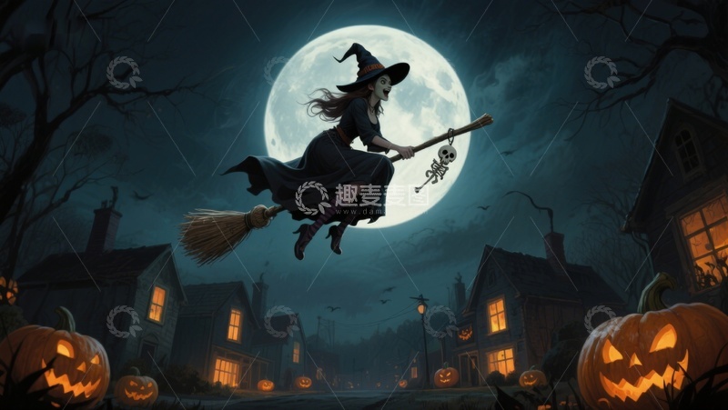 高清大图下载【趣麦麦图】月夜飞行的女巫
