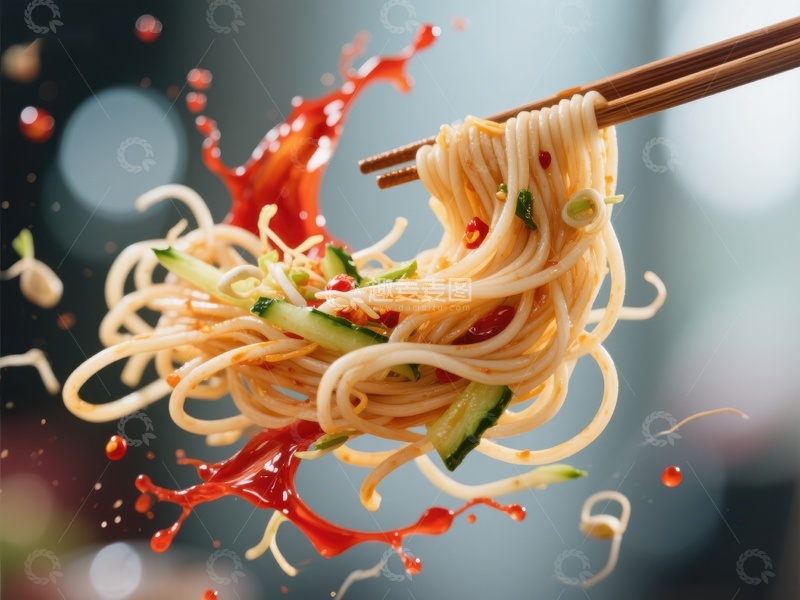 高清大图下载【趣麦麦图】筷子夹起热辣面条，酱汁飞溅