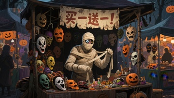 万圣节夜市，木乃伊摊主售卖面具