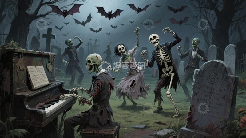 高清大图下载【趣麦麦图】墓地夜宴：骷髅与僵尸的狂欢