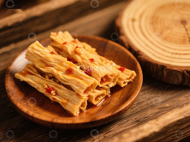 高清大图下载【趣麦麦图】木质盘上的美味豆皮零食