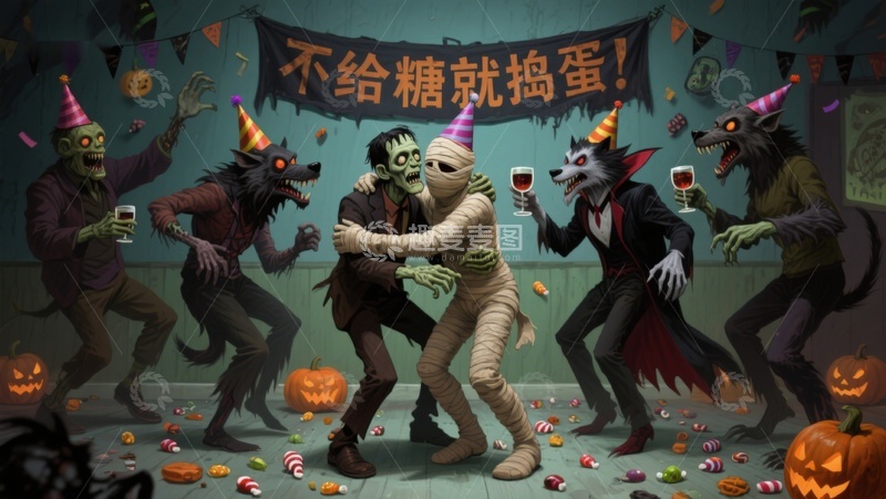 高清大图下载【趣麦麦图】万圣节派对：怪物们狂欢庆祝