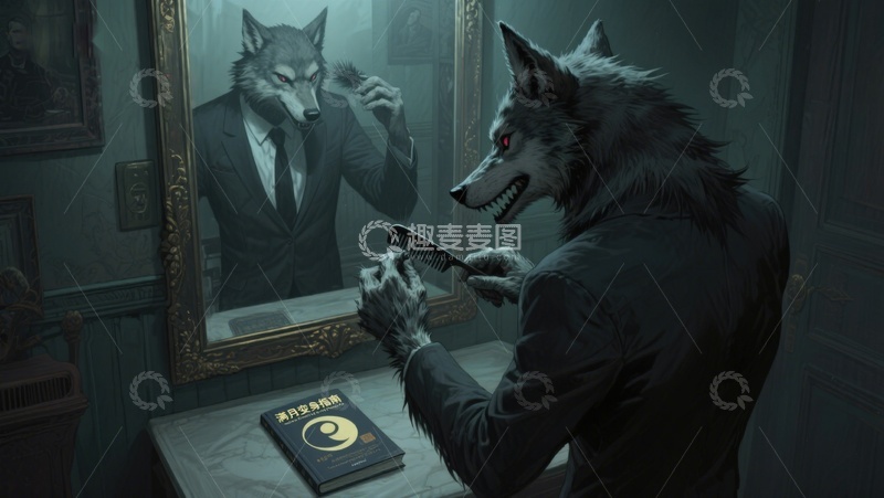 高清大图下载【趣麦麦图】狼人镜前梳毛，西装革履