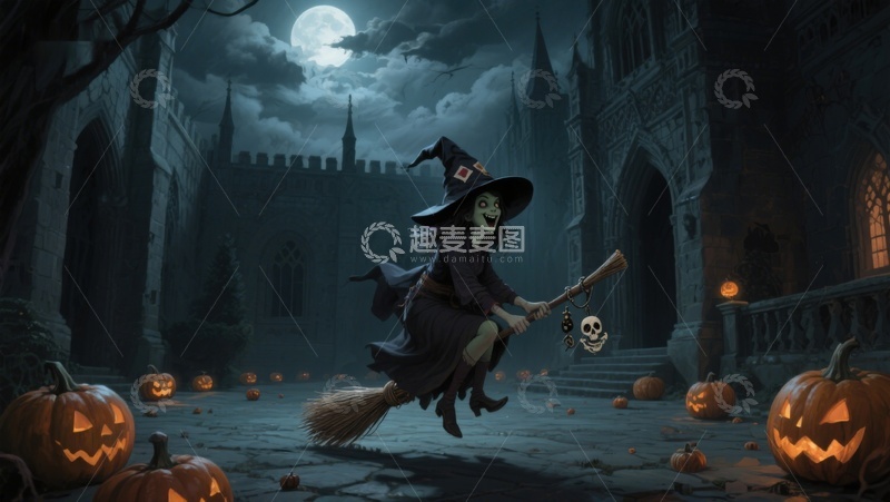 高清大图下载【趣麦麦图】月夜城堡前的女巫飞行