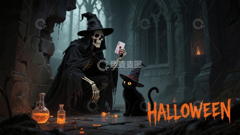 高清大图下载【趣麦麦图】万圣节骷髅与黑猫的神秘场景