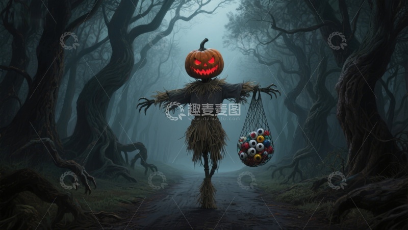 高清大图下载【趣麦麦图】南瓜头稻草人提着糖果袋在幽暗森林中