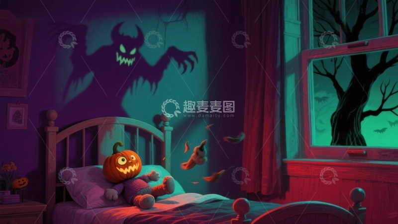 高清大图下载【趣麦麦图】万圣夜卧室里的南瓜灯与影子怪兽