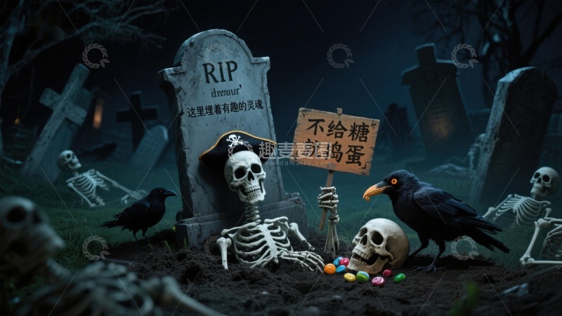 高清大图下载【趣麦麦图】万圣节墓地场景：骷髅与糖果