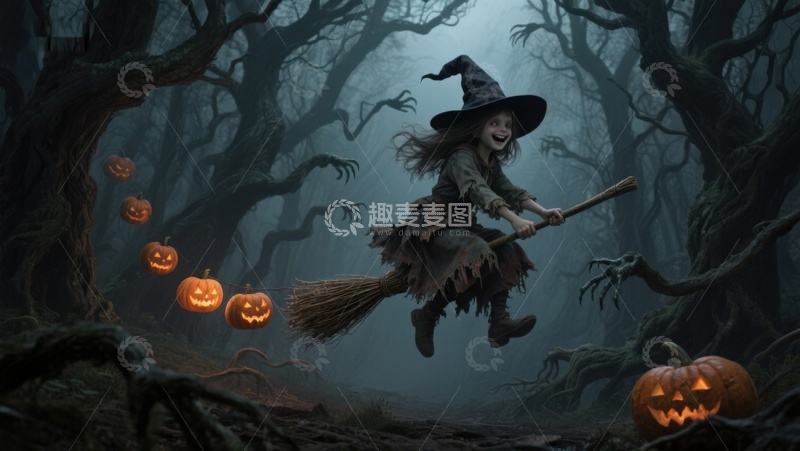 高清大图下载【趣麦麦图】巫女骑扫帚穿越幽暗森林