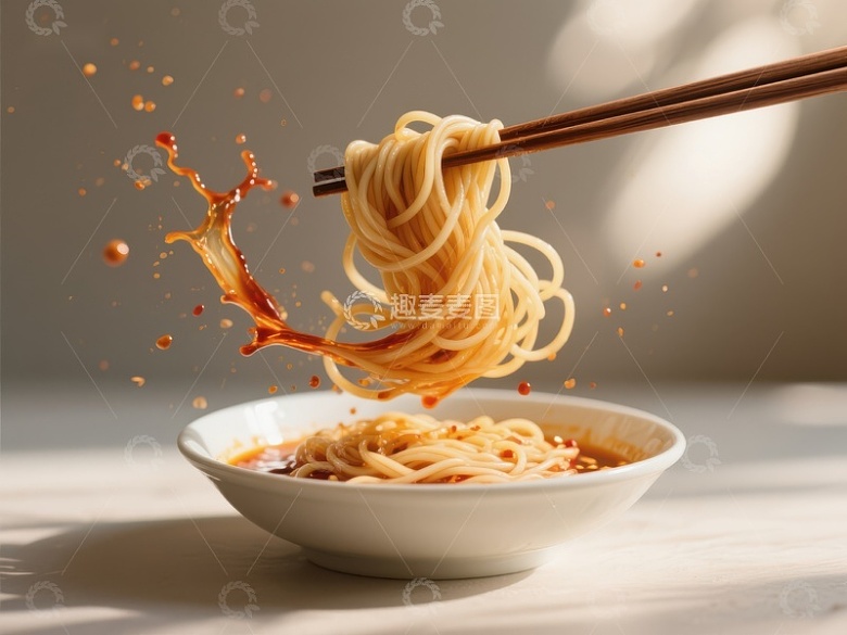 筷子夹起热辣面条瞬间