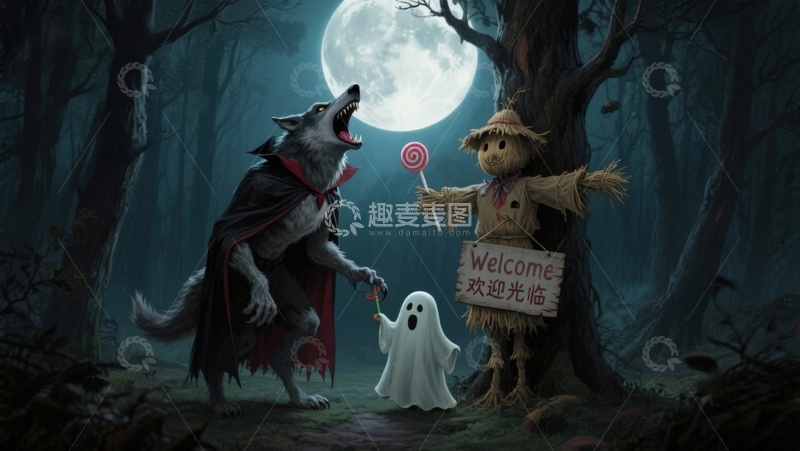 高清大图下载【趣麦麦图】月夜森林中的狼人与稻草人