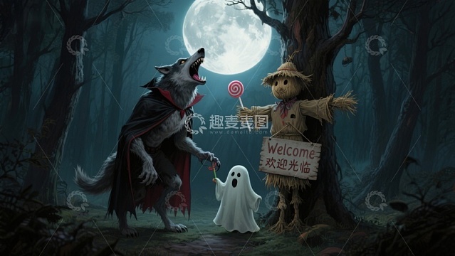 月夜森林中的狼人与稻草人