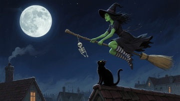 夜空下的女巫与黑猫