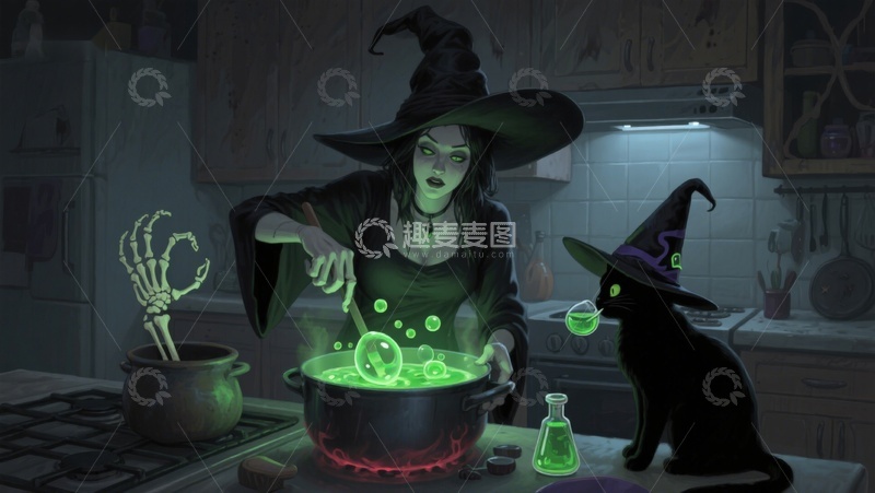 高清大图下载【趣麦麦图】女巫厨房施法，黑猫旁观