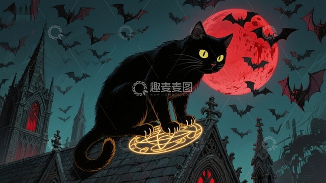黑猫月夜教堂顶