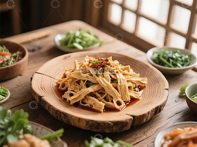 木质盘上的美味凉拌菜