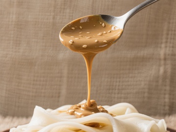 勺子倾倒酱料于面食之上