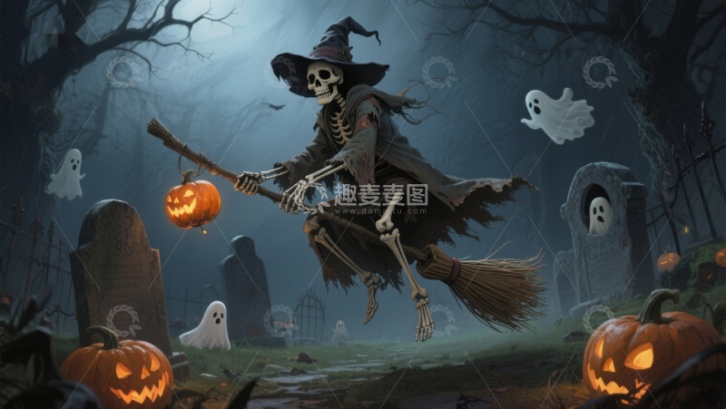 高清大图下载【趣麦麦图】万圣夜骷髅巫师飞越墓地