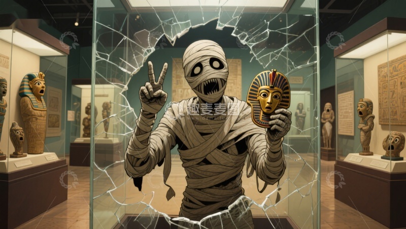 高清大图下载【趣麦麦图】博物馆内木乃伊破窗而出