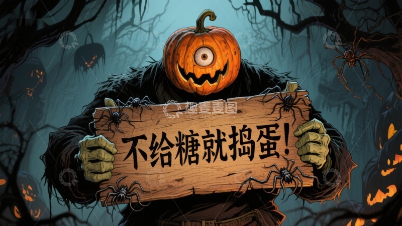 高清大图下载【趣麦麦图】南瓜头怪手持木牌，万圣节氛围浓厚
