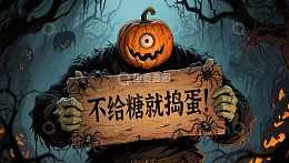 南瓜头怪手持木牌，万圣节氛围浓厚