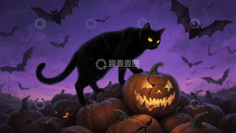 高清大图下载【趣麦麦图】万圣夜黑猫与南瓜灯