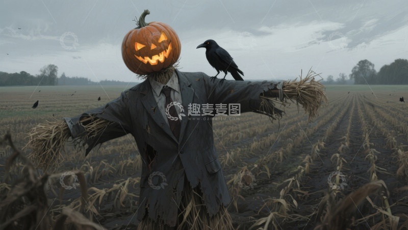 高清大图下载【趣麦麦图】南瓜头稻草人与乌鸦在田野