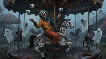 小丑骑乘骷髅马，鬼魂环绕的旋转木马