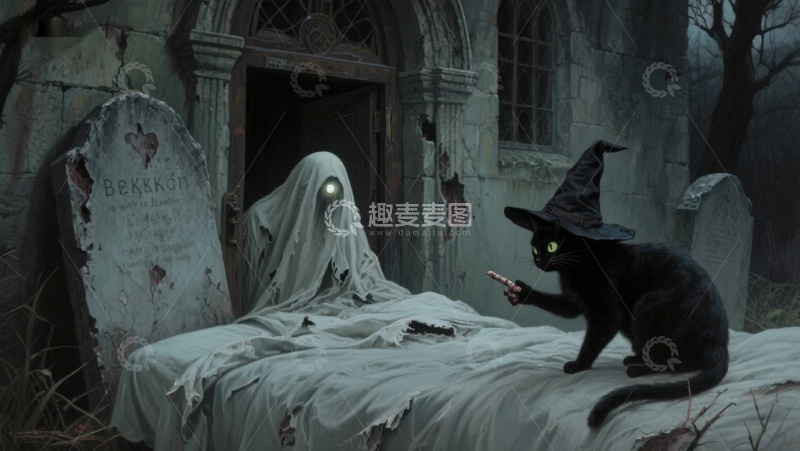 高清大图下载【趣麦麦图】幽灵与黑猫在墓地的神秘邂逅
