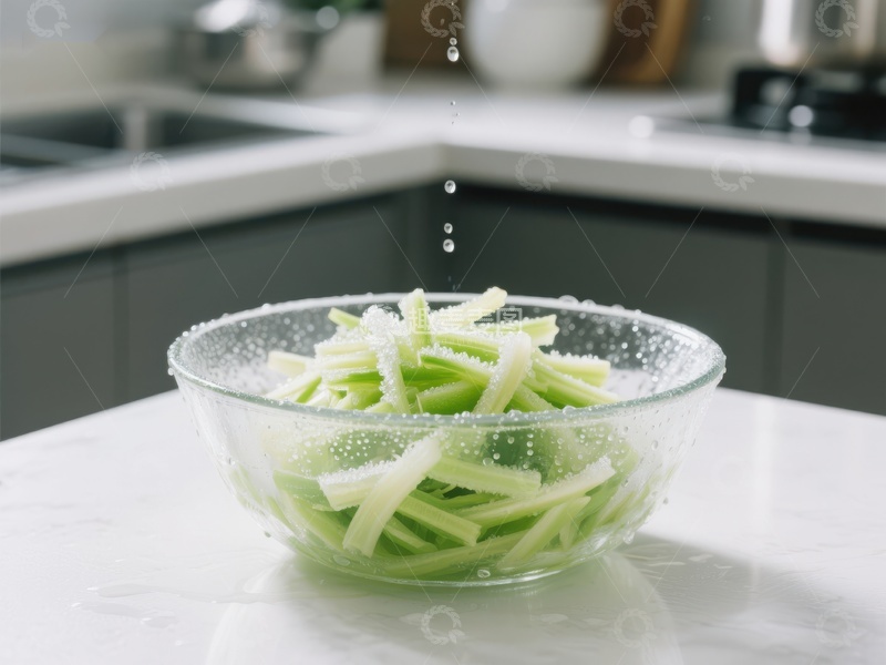 高清大图下载【趣麦麦图】清水滴落，青瓜条在玻璃碗中