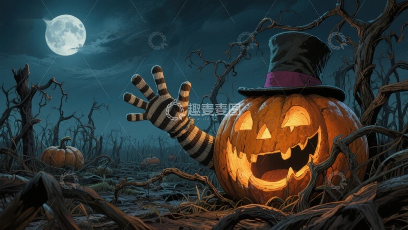 高清大图下载【趣麦麦图】万圣节南瓜与巫师帽的神秘夜景
