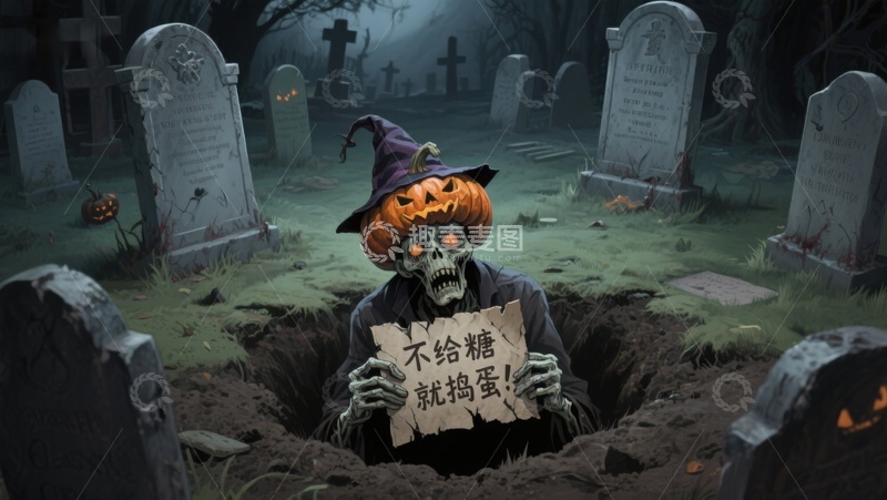 高清大图下载【趣麦麦图】万圣节南瓜骷髅在墓地手持标语