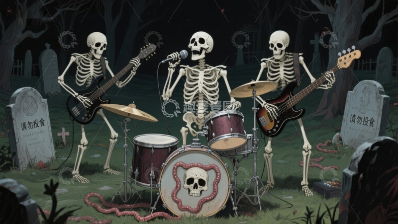 高清大图下载【趣麦麦图】骷髅乐队在墓地演奏