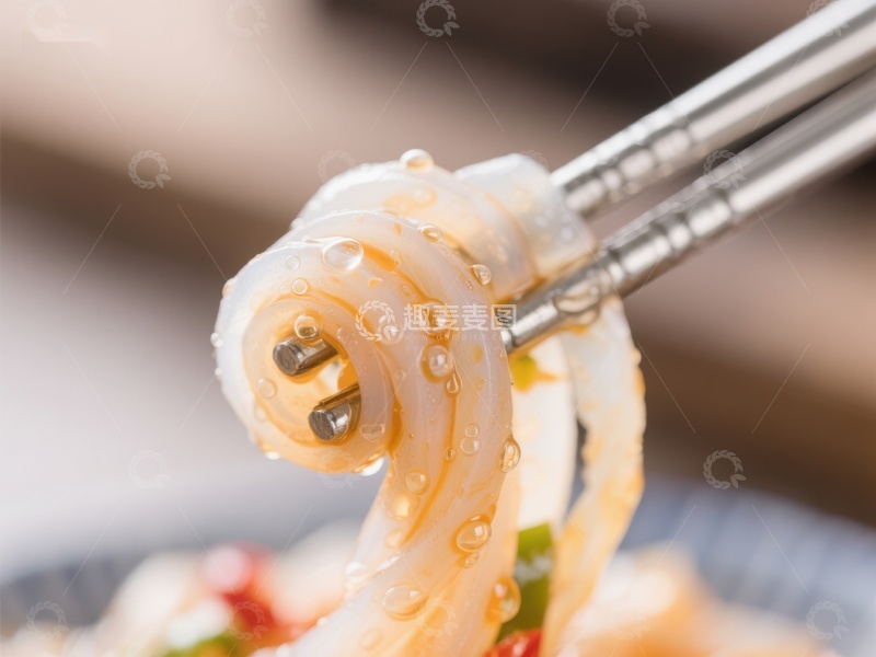 高清大图下载【趣麦麦图】筷子夹起晶莹剔透的鱿鱼卷